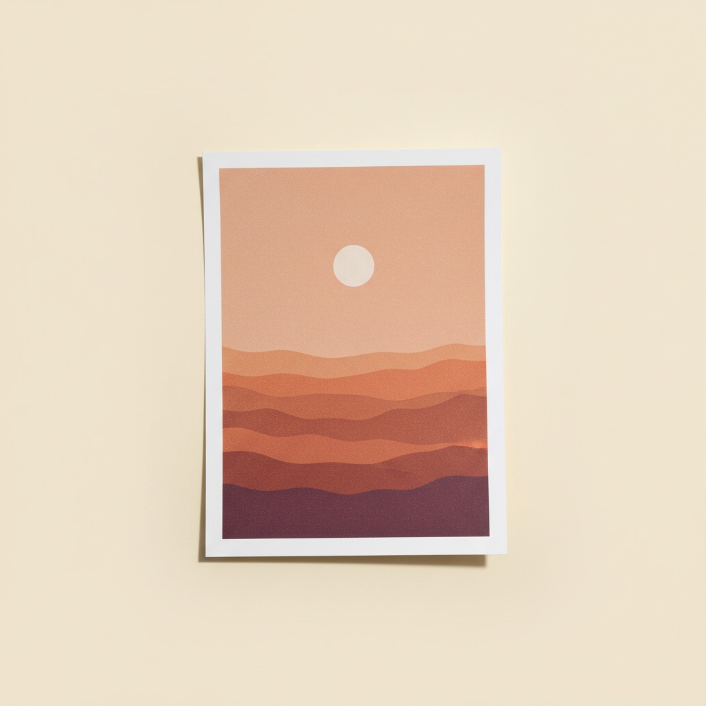 Canyon Layers Print — full printed artwork and complete paper edges. Terracotta strata meet a plum horizon beneath a pale moon.