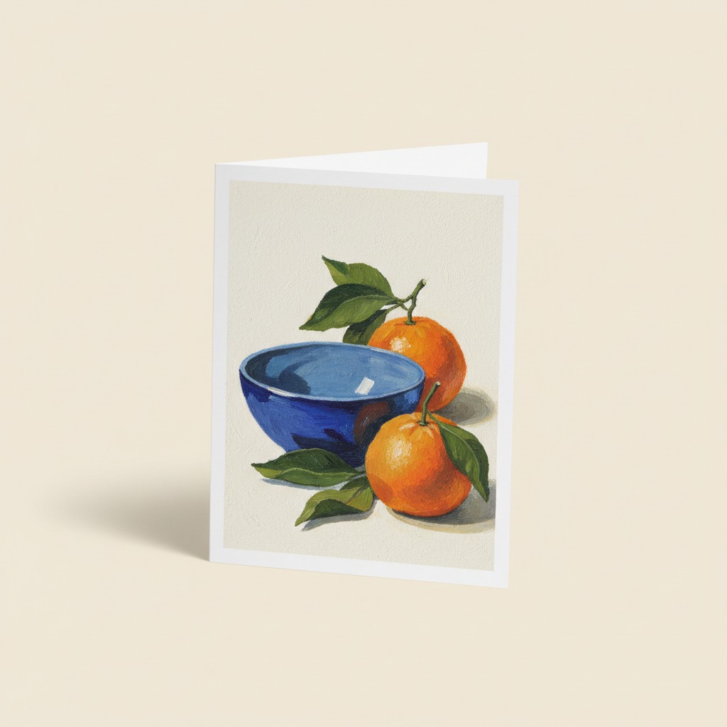 Citrus Still Life Card — full printed artwork and complete paper edges. Orange fruit and a blue bowl form a sunny gouache still life.
