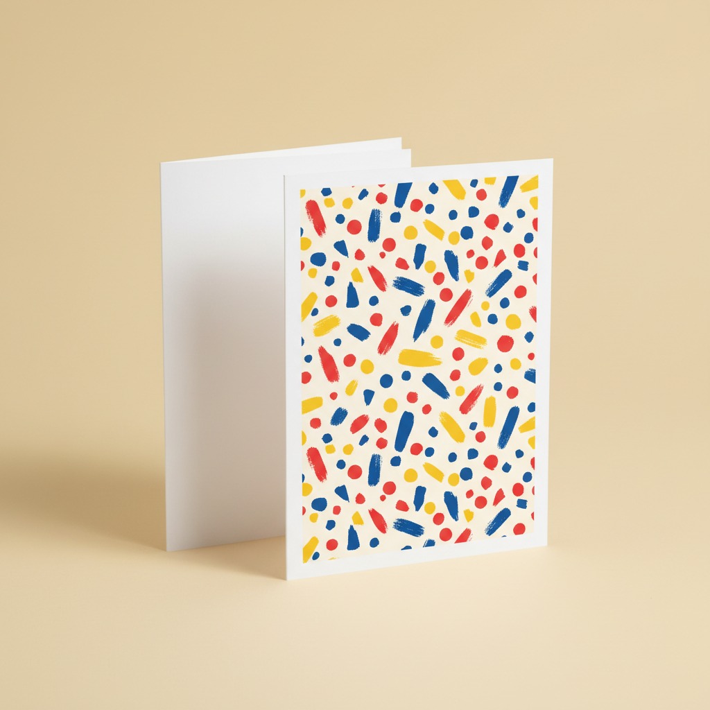 Confetti Constellation Card — full printed artwork and complete paper edges. Irregular triangles, circles and brush marks scatter across ivory.