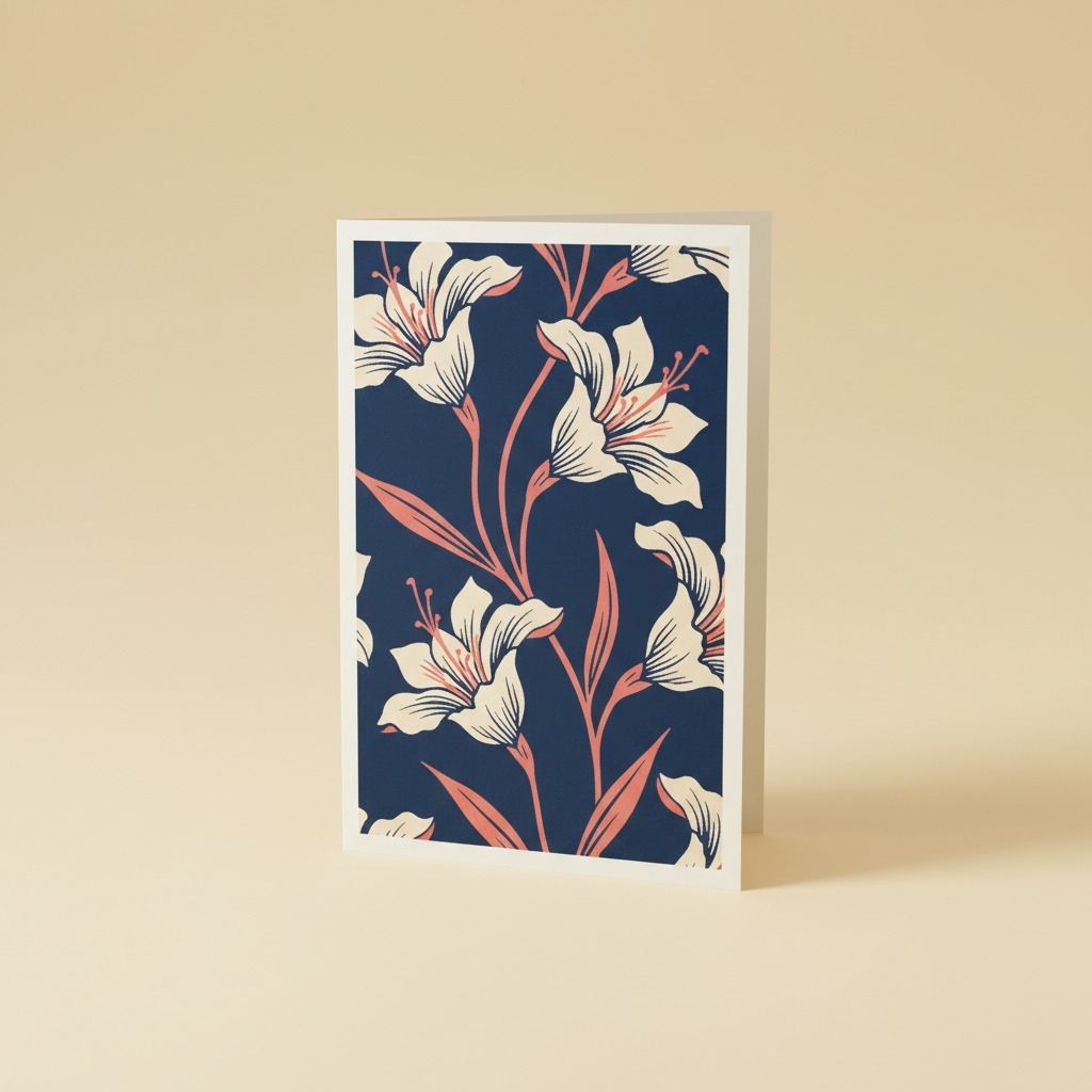 Night Garden Card — full printed artwork and complete paper edges. Pale flowers and coral stems rise from a midnight-blue garden.