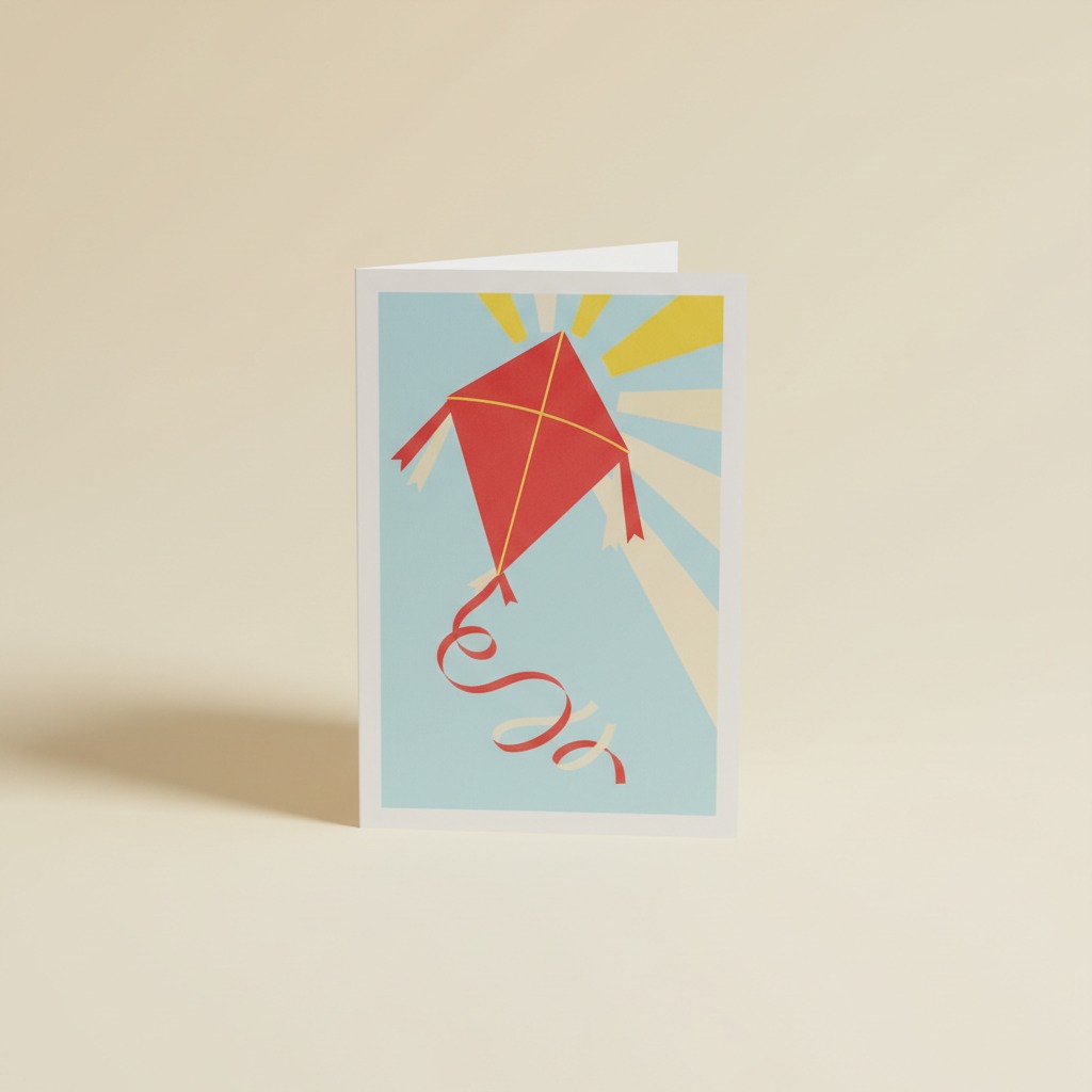 Paper Kite Card — full printed artwork and complete paper edges. A red diamond kite and ribbon tail cross a pale blue sky.