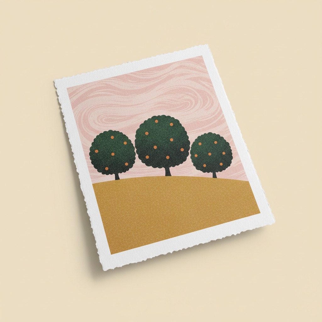 Quiet Orchard Print — full printed artwork and complete paper edges. Three rounded green trees settle into a mustard hillside.