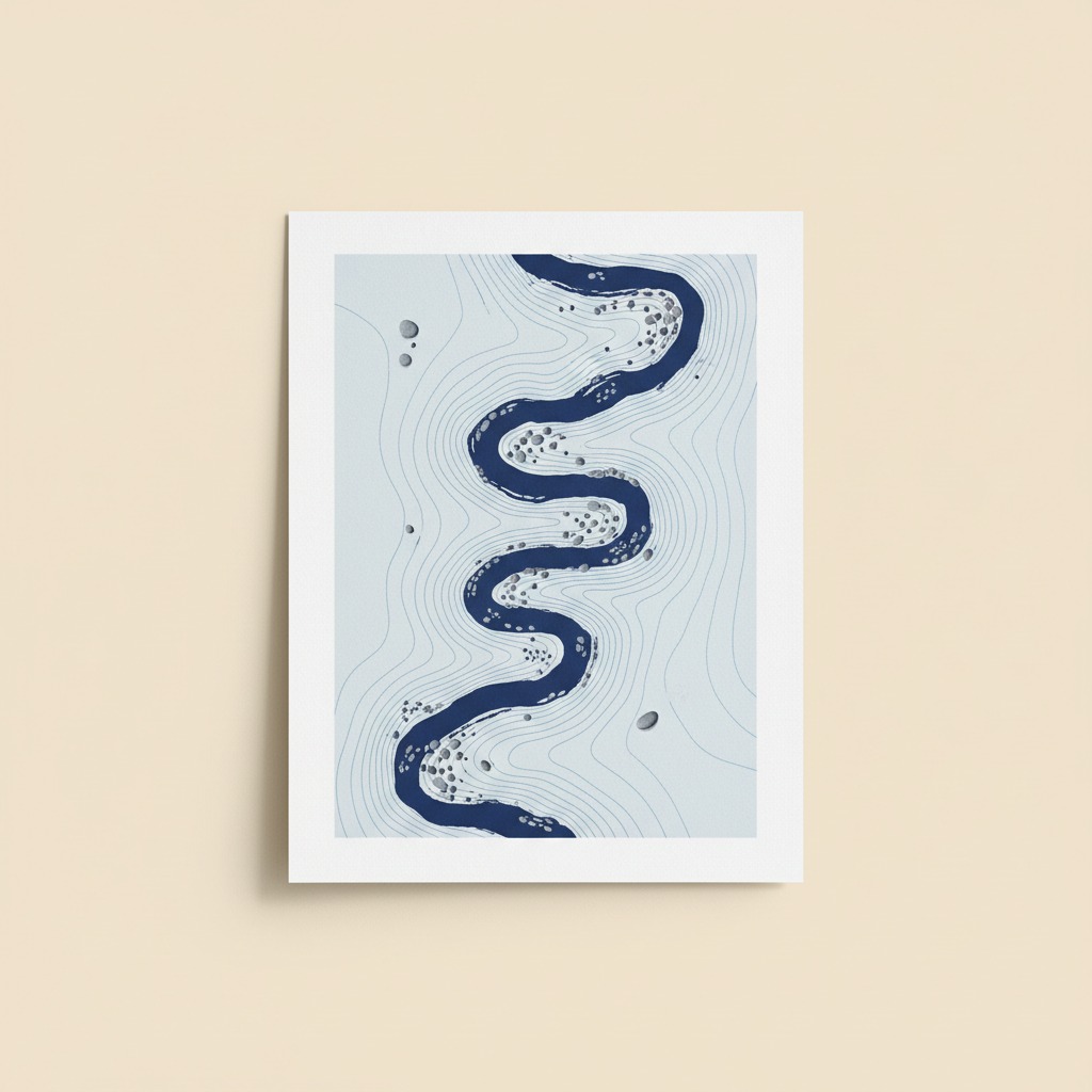 River Rhythm Print — full printed artwork and complete paper edges. An indigo river ribbon flows between pale blue contour lines.