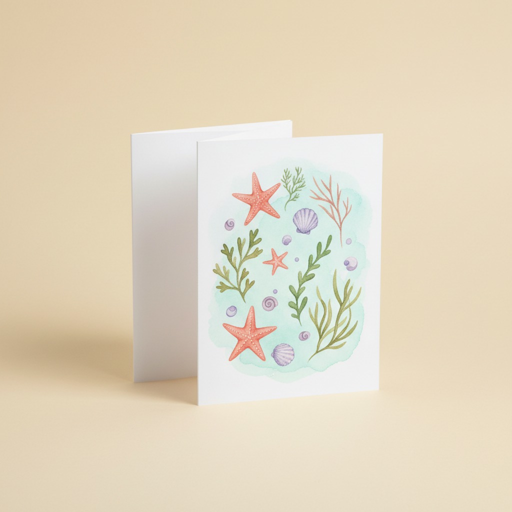 Tide Pool Card — full printed artwork and complete paper edges. Watercolor starfish, shells and seaweed gather in a turquoise pool.