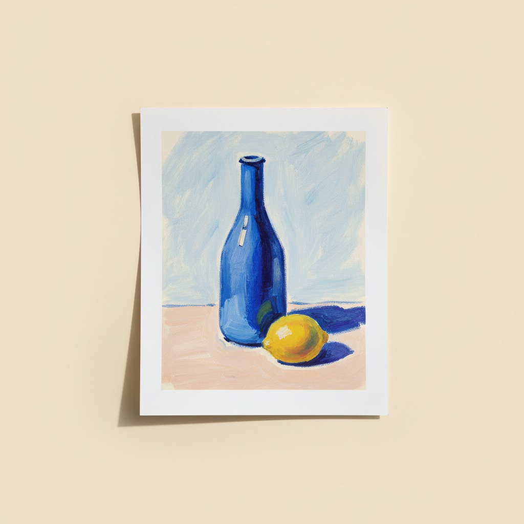Blue Vessel Print — full printed artwork and complete paper edges. An ultramarine vessel and lemon sit against a pale peach field.