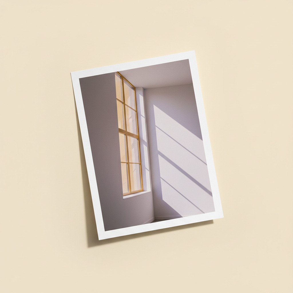 Window Light Print — full printed artwork and complete paper edges. An ochre divided window casts diagonal lavender light on a pale wall.